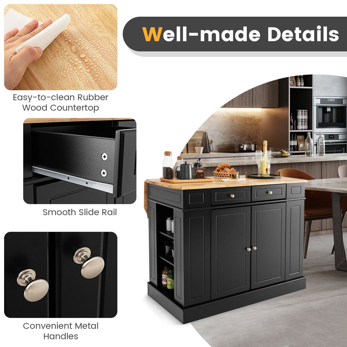 Kitchen Island with Storage and 3-Level Adjustable Shelves-Black