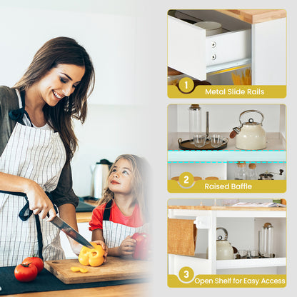 Kitchen Island Trolley Cart on Wheels with Storage Open Shelves and Drawer-White