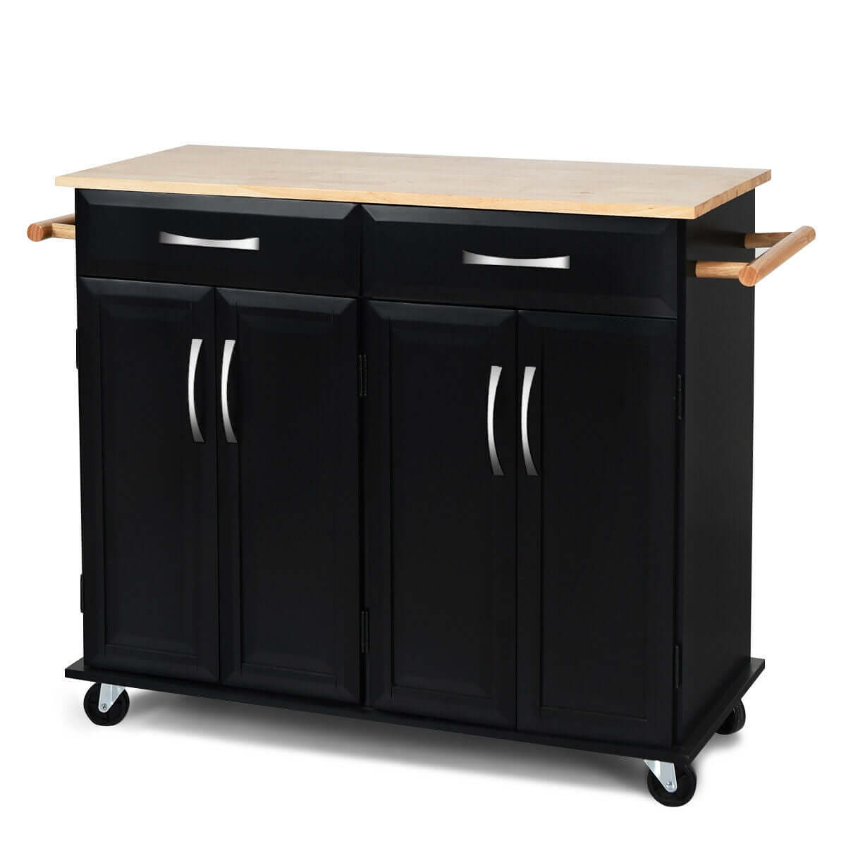 Wood Top Rolling Kitchen Trolley Island Cart Storage Cabinet-Black