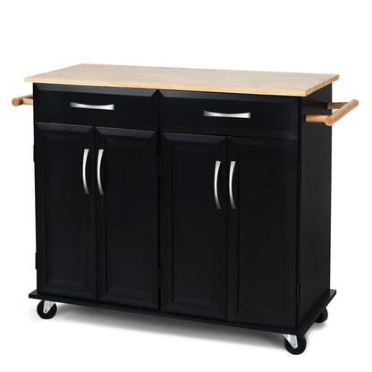 Wood Top Rolling Kitchen Trolley Island Cart Storage Cabinet-Black