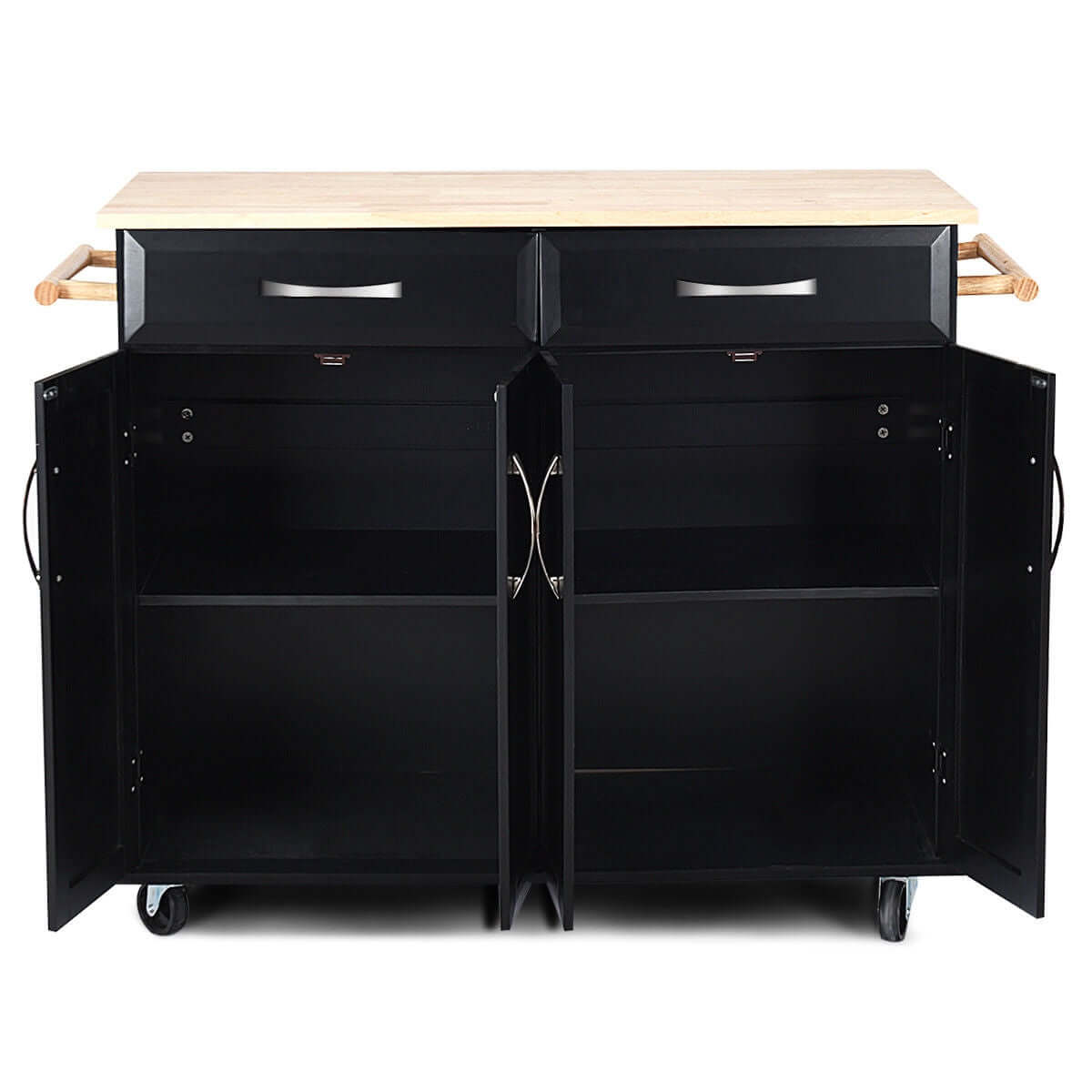 Wood Top Rolling Kitchen Trolley Island Cart Storage Cabinet-Black