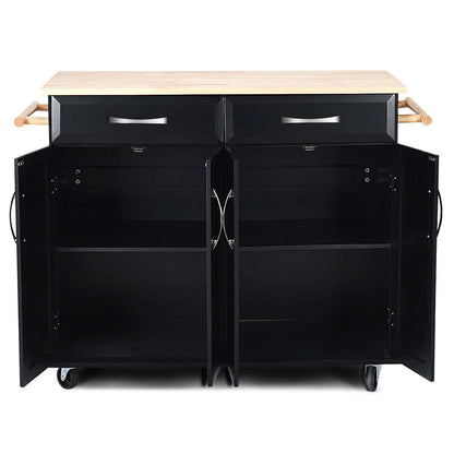 Wood Top Rolling Kitchen Trolley Island Cart Storage Cabinet-Black