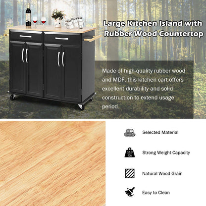 Wood Top Rolling Kitchen Trolley Island Cart Storage Cabinet-Black