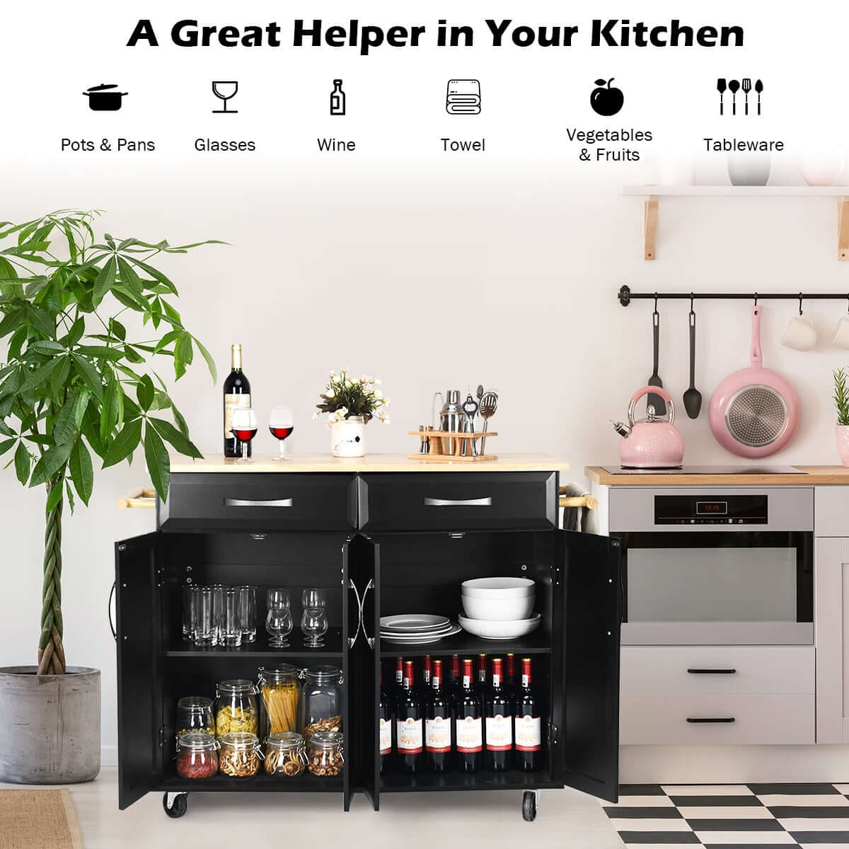 Wood Top Rolling Kitchen Trolley Island Cart Storage Cabinet-Black