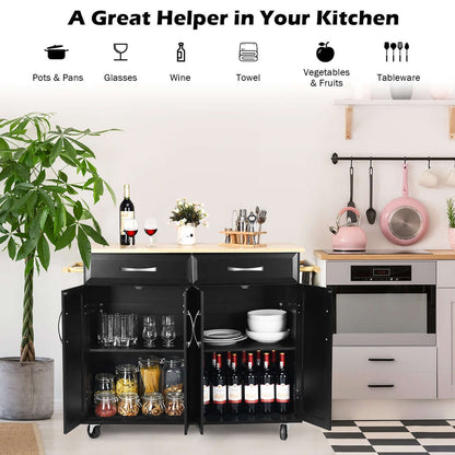 Wood Top Rolling Kitchen Trolley Island Cart Storage Cabinet-Black