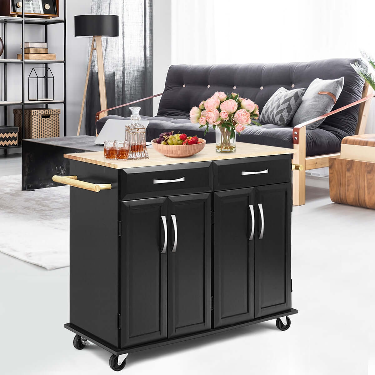 Wood Top Rolling Kitchen Trolley Island Cart Storage Cabinet-Black