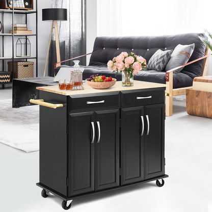 Wood Top Rolling Kitchen Trolley Island Cart Storage Cabinet-Black