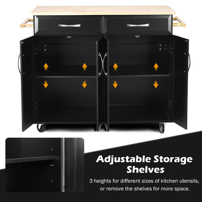 Wood Top Rolling Kitchen Trolley Island Cart Storage Cabinet-Black