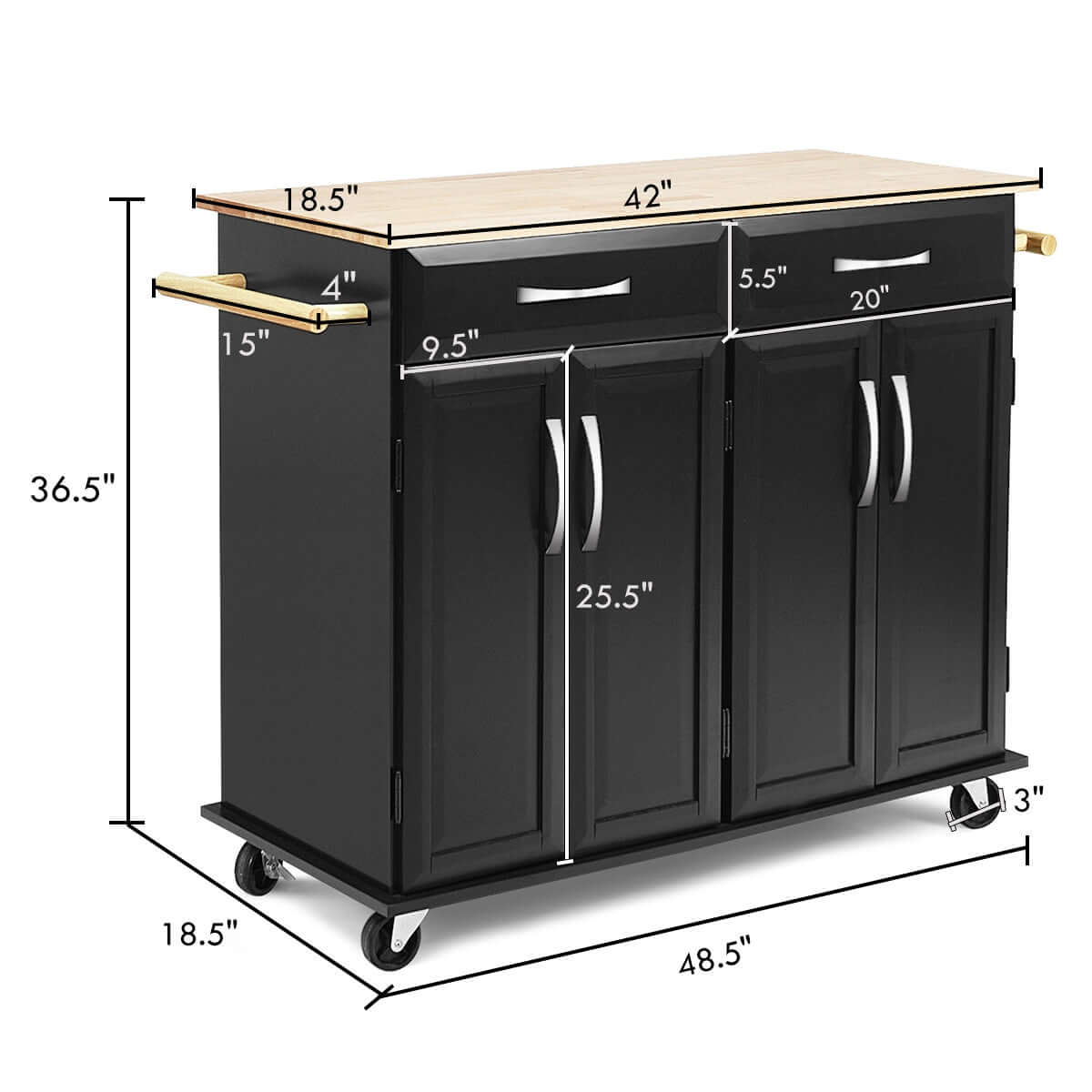 Wood Top Rolling Kitchen Trolley Island Cart Storage Cabinet-Black