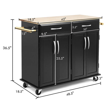 Wood Top Rolling Kitchen Trolley Island Cart Storage Cabinet-Black