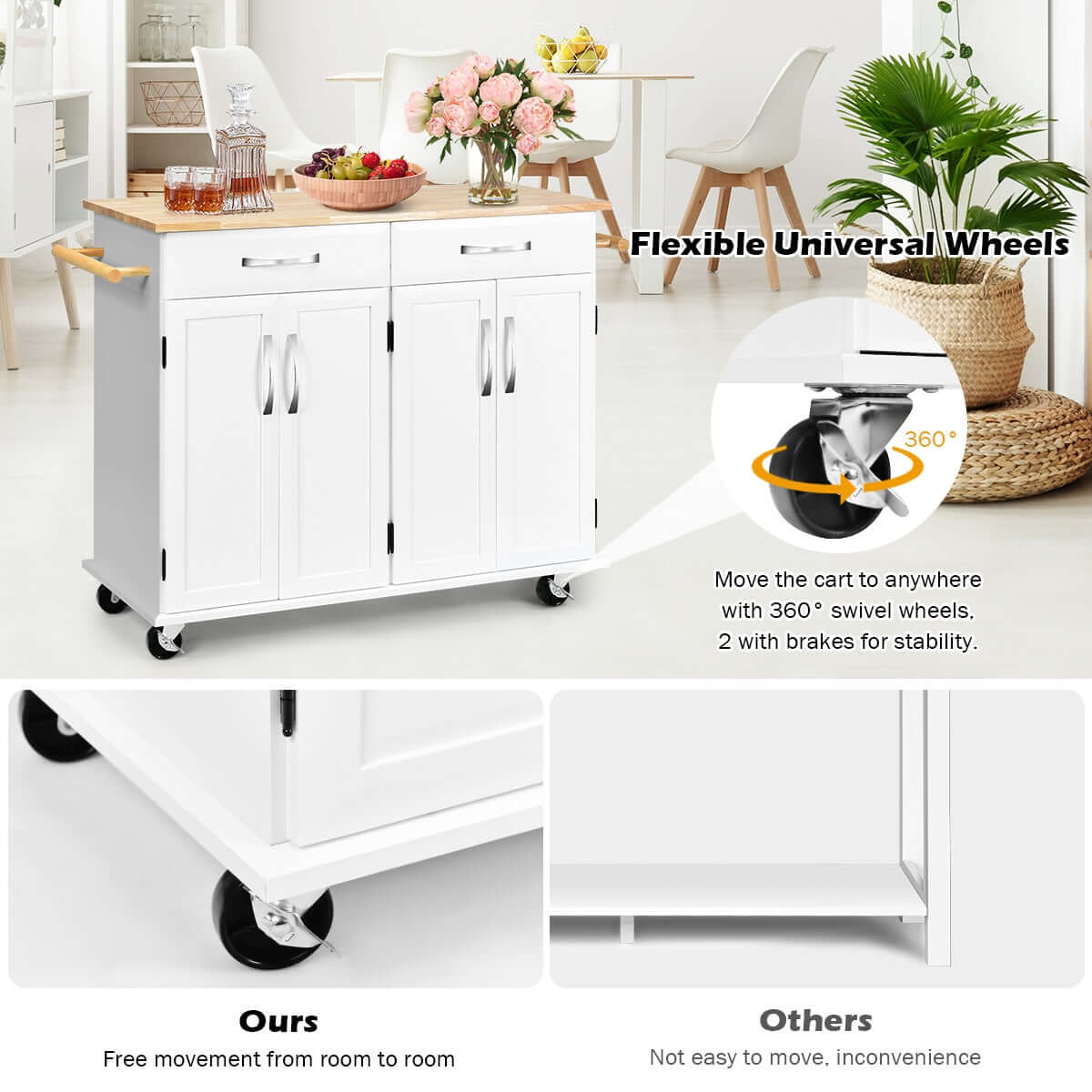 Wood Top Rolling Kitchen Trolley Island Cart Storage Cabinet-White