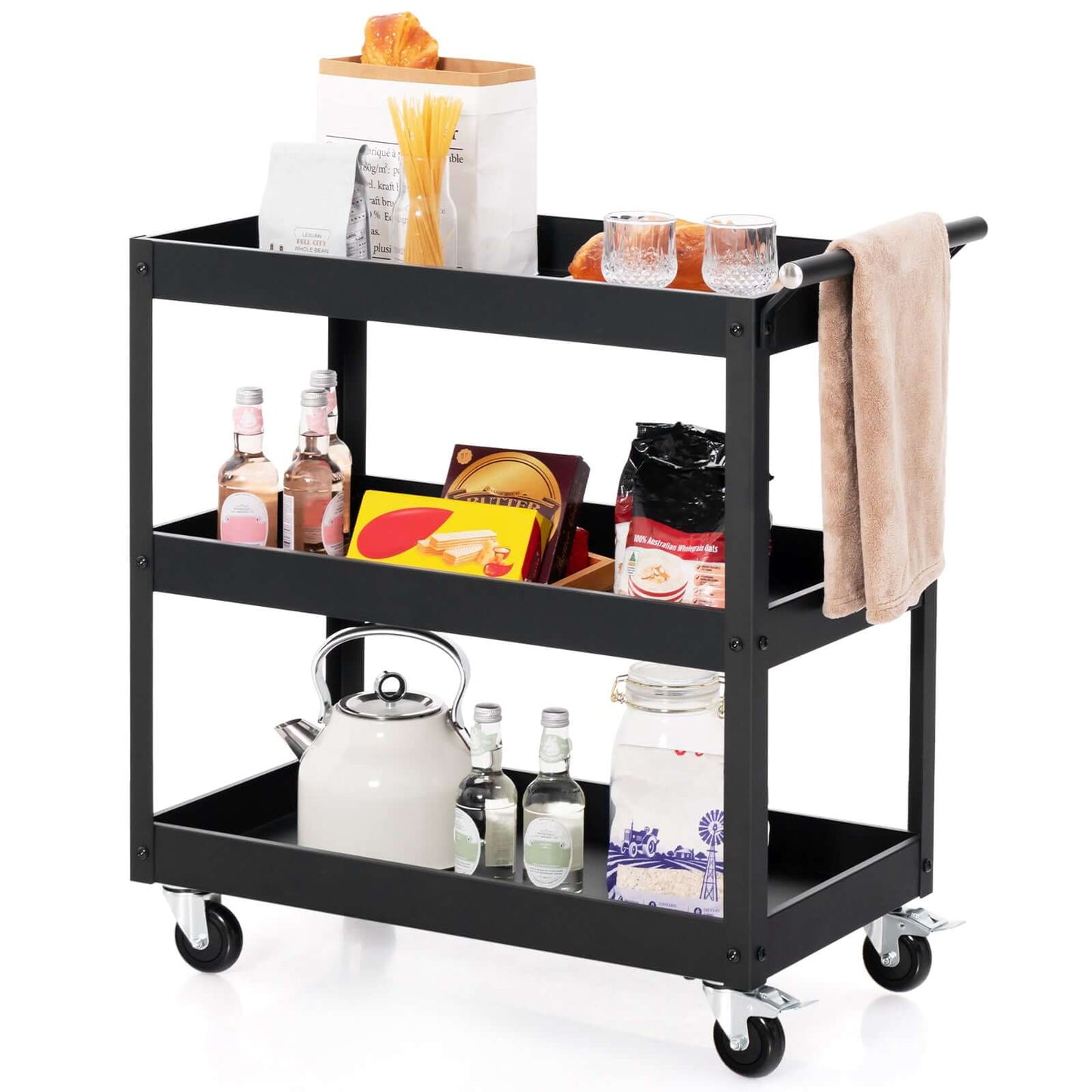 3-Tier Utility Cart Rolling Metal Cart with Handle and Universal Wheels-Black