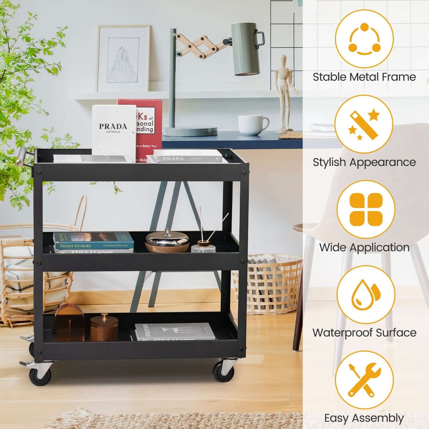 3-Tier Utility Cart Rolling Metal Cart with Handle and Universal Wheels-Black
