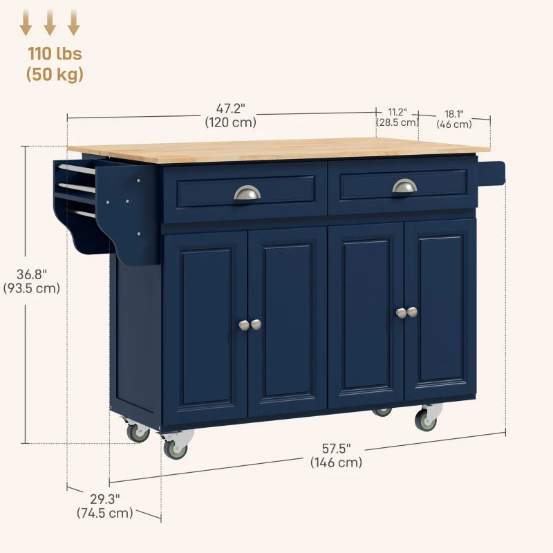 HOMCOM Kitchen Island with Storage, Rolling Kitchen Island with Drop Leaf, Rubber Wood Top and Adjustable Shelves, Navy Blue | Aosom Canada