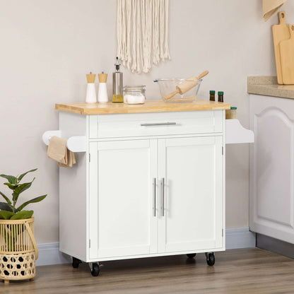 HOMCOM Kitchen Island with Storage, Rolling Cart Trolley with Rubberwood Top, Adjustable Shelf, Drawer, Spice Rack, White