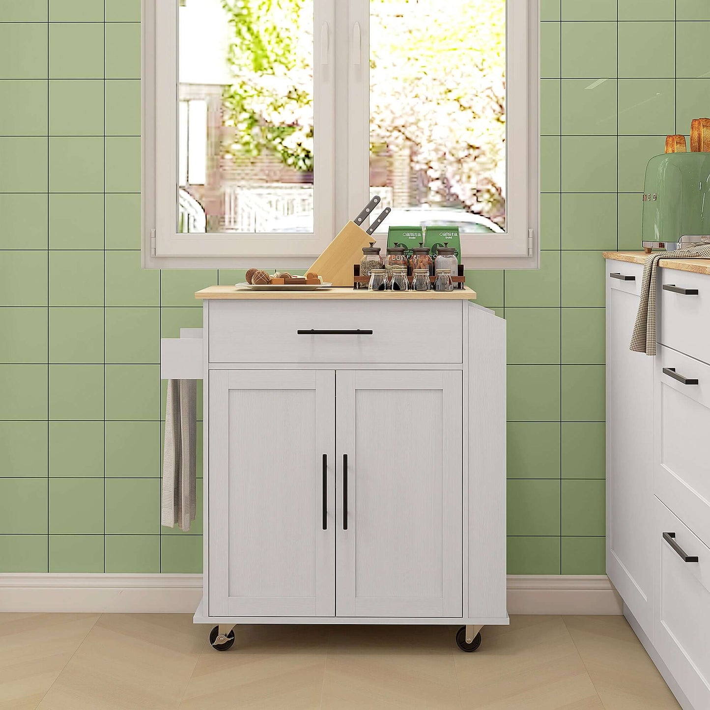 HOMCOM Rolling Island with Wheels for Kitchen, Kitchen Island on Rollers with Power Outlets, Drawer and Doors
