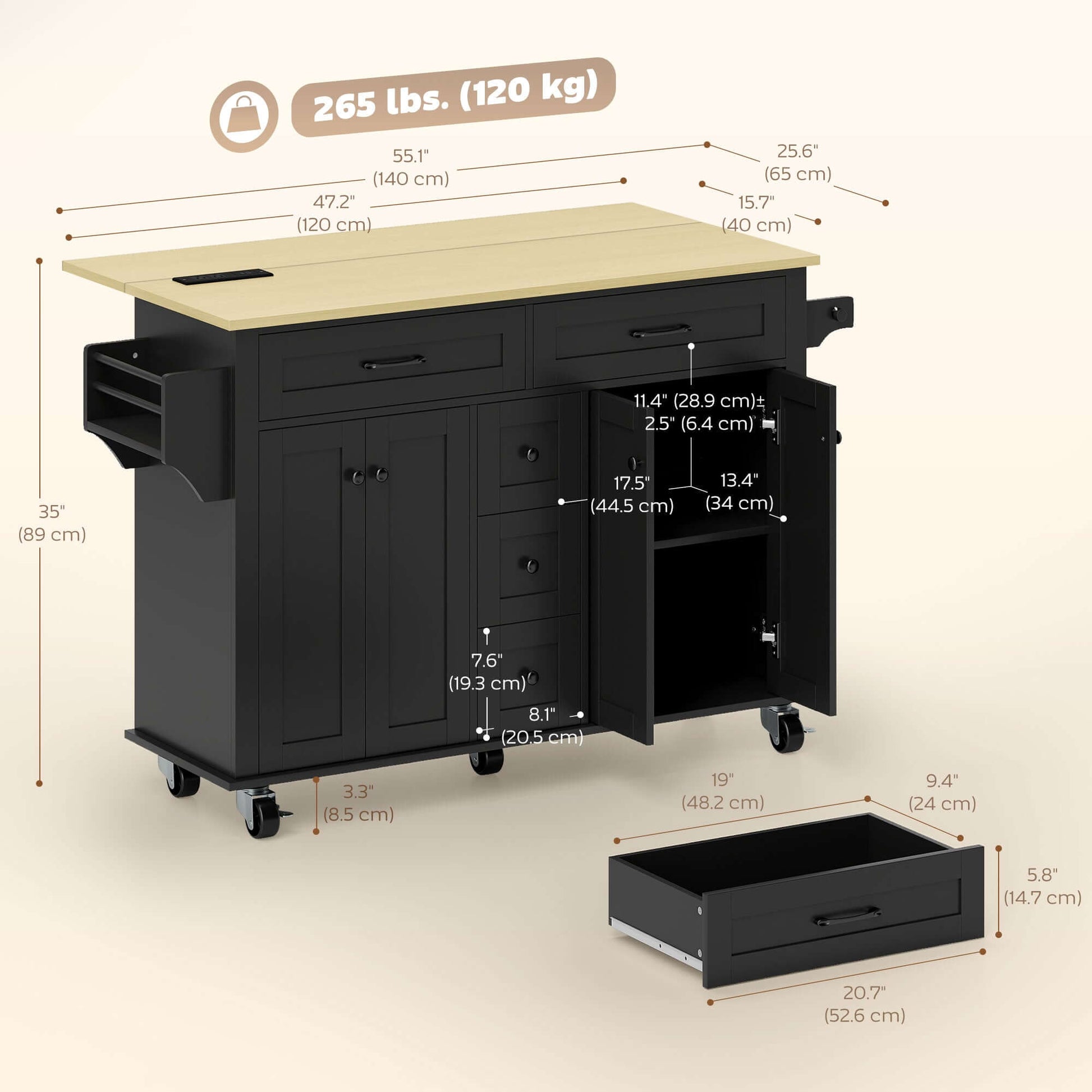 HOMCOM Kitchen Island Cart with Power Outlet & Drop Leaf, 55" Rolling Kitchen Island on Wheels with Storage, Black