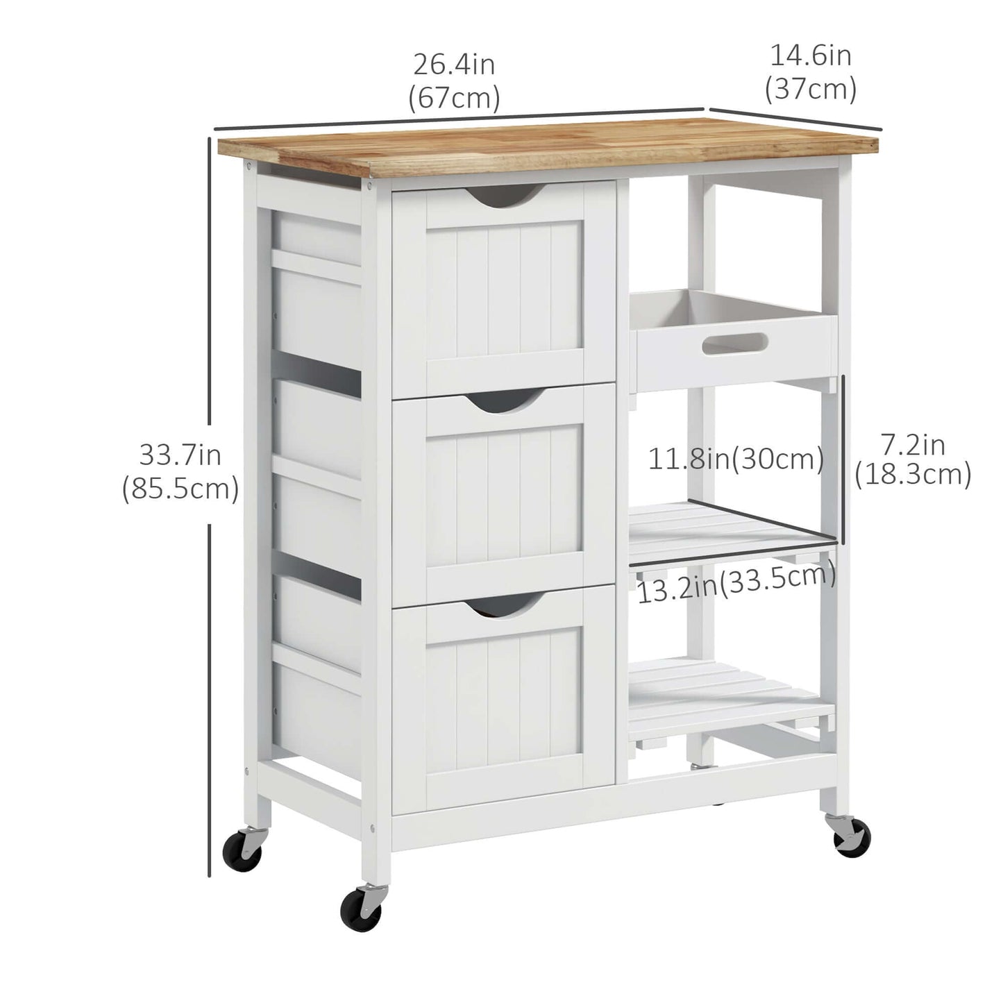 HOMCOM Kitchen Cart on Wheels, Rolling Kitchen Island Cart with Wood Top, 3 Drawers and Shelves for Home Dining Area