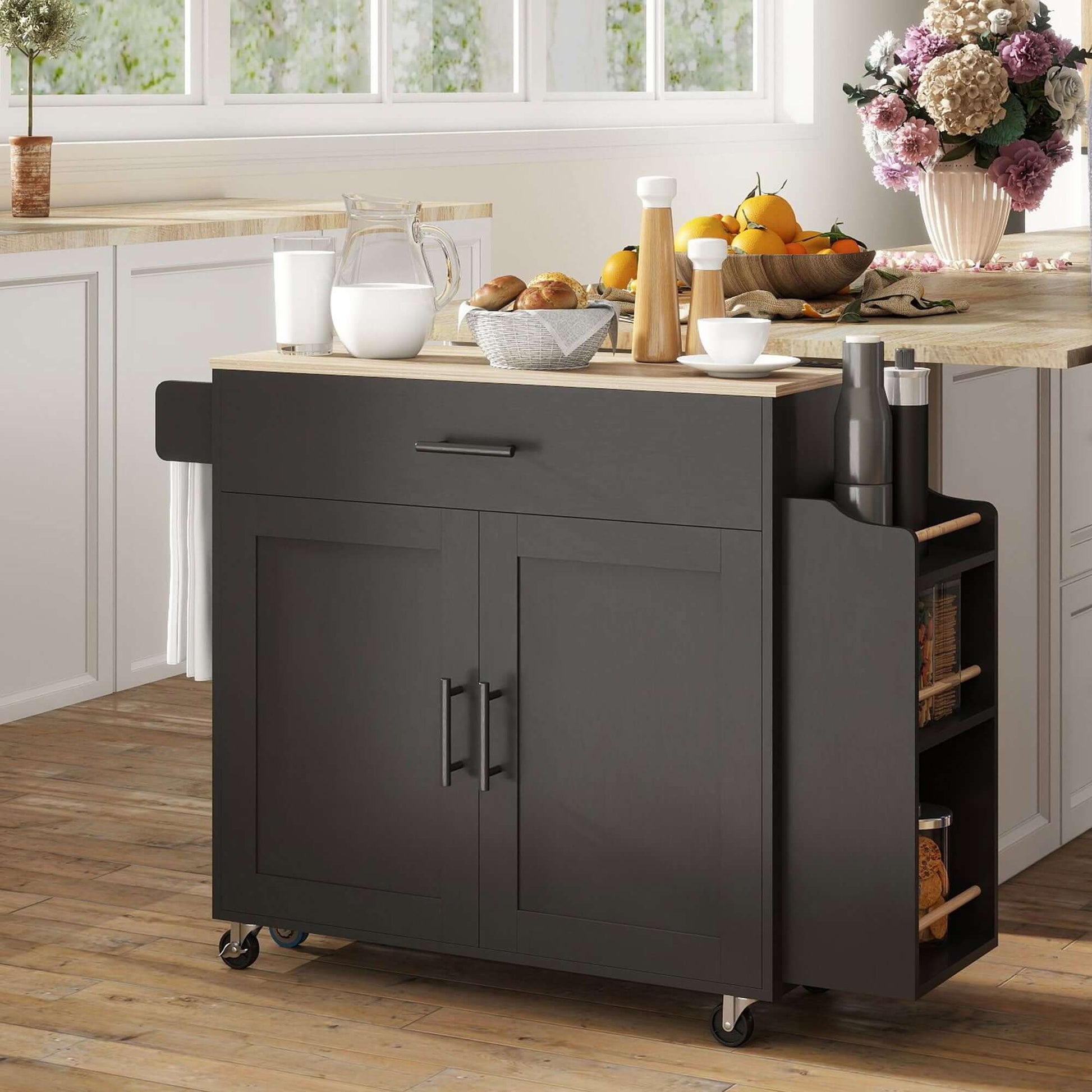 HOMCOM Kitchen Island with Storage, Rolling Kitchen Cart with Foldable Drop Leaf, Power Outlet and USB Ports, Black