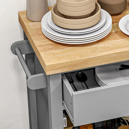 HOMCOM Kitchen Cart on Wheels, Rolling Kitchen Island Cart with Wood Top, Towel Rack, Drawer and Shelf for Dining Area, Grey