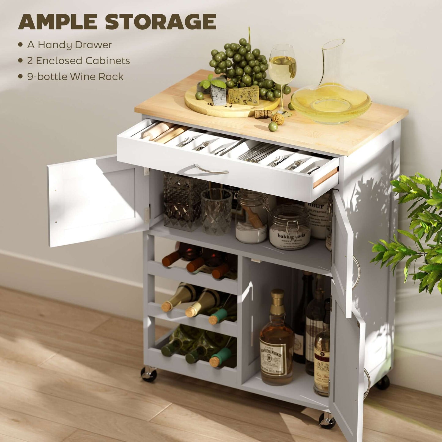 HOMCOM Rolling Kitchen Cart, Kitchen Island with Storage Drawer, 9-bottle Wine Rack, Door Cabinets, Wooden Countertop, White