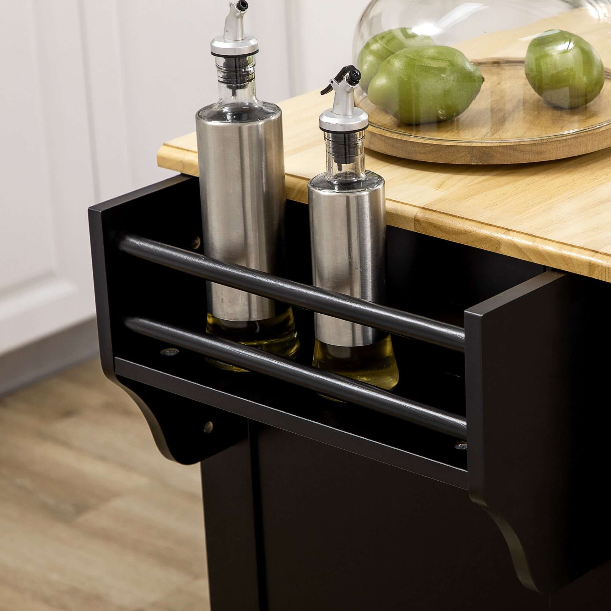 HOMCOM Kitchen Island with Storage Rolling Kitchen Serving Cart with Rubber Wood Top Towel Rack Storage Drawer Cabinet, Black