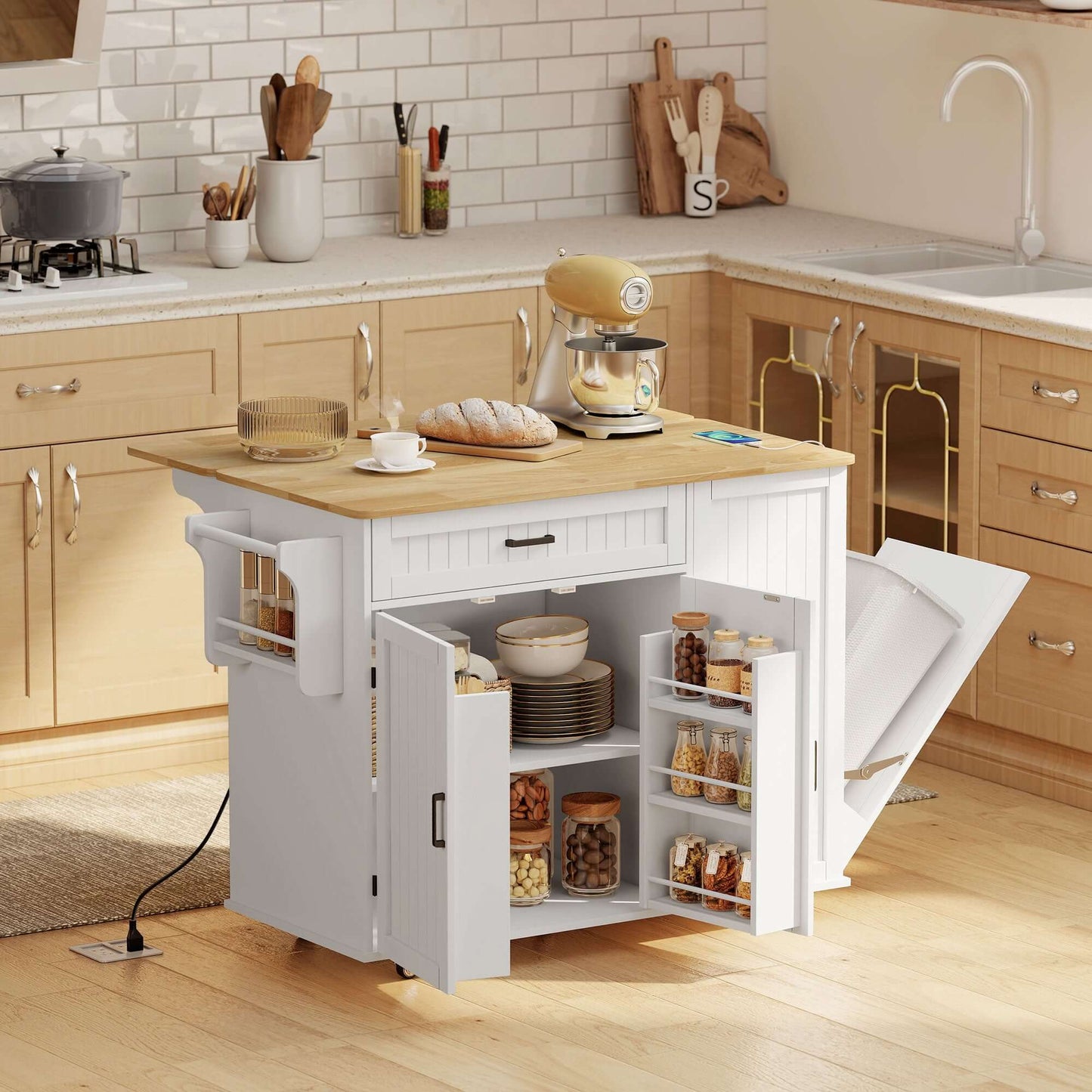HOMCOM Kitchen Island Cart, Portable Kitchen Island Table with Charging Station, Rubber Wood Drop Leaf, Trash Storage, White