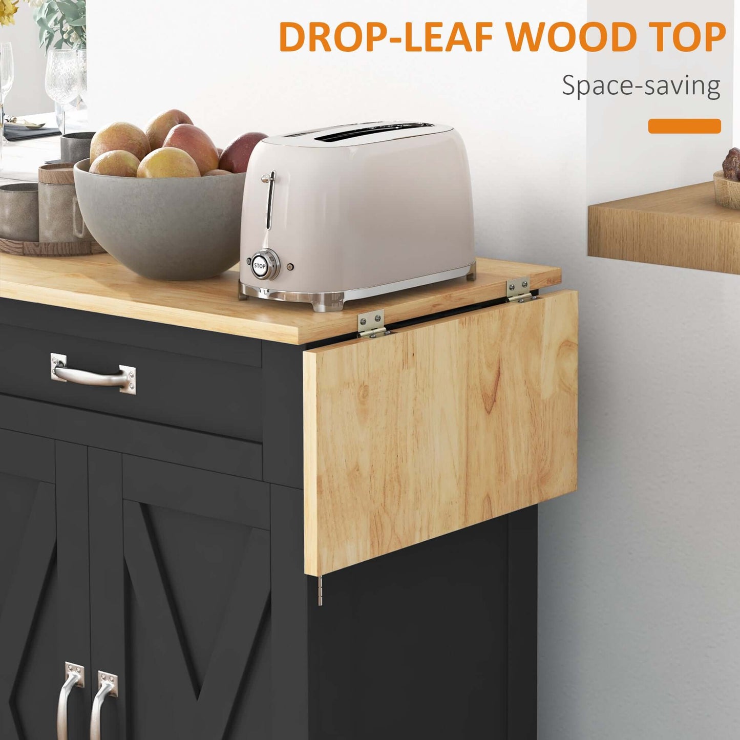 HOMCOM Foldable Kitchen Island with Storage Drawer, Farmhouse Rolling Utility Cart on Wheels with Drop-Leaf Wood Top, Black