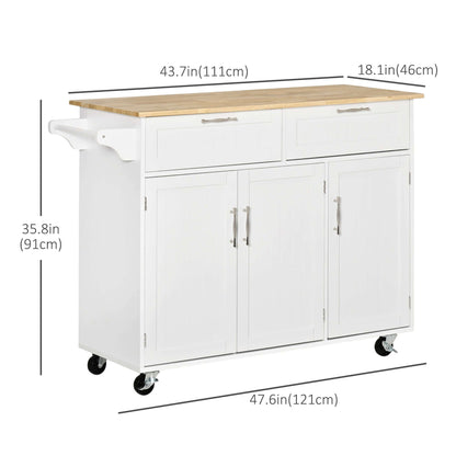 HOMCOM 48" Kitchen Island with Storage and Solid Wood Top, Rolling Kitchen Cart on Wheels with 2 Storage Drawers, 3 Doors and Towel Rack for Dining Room, White