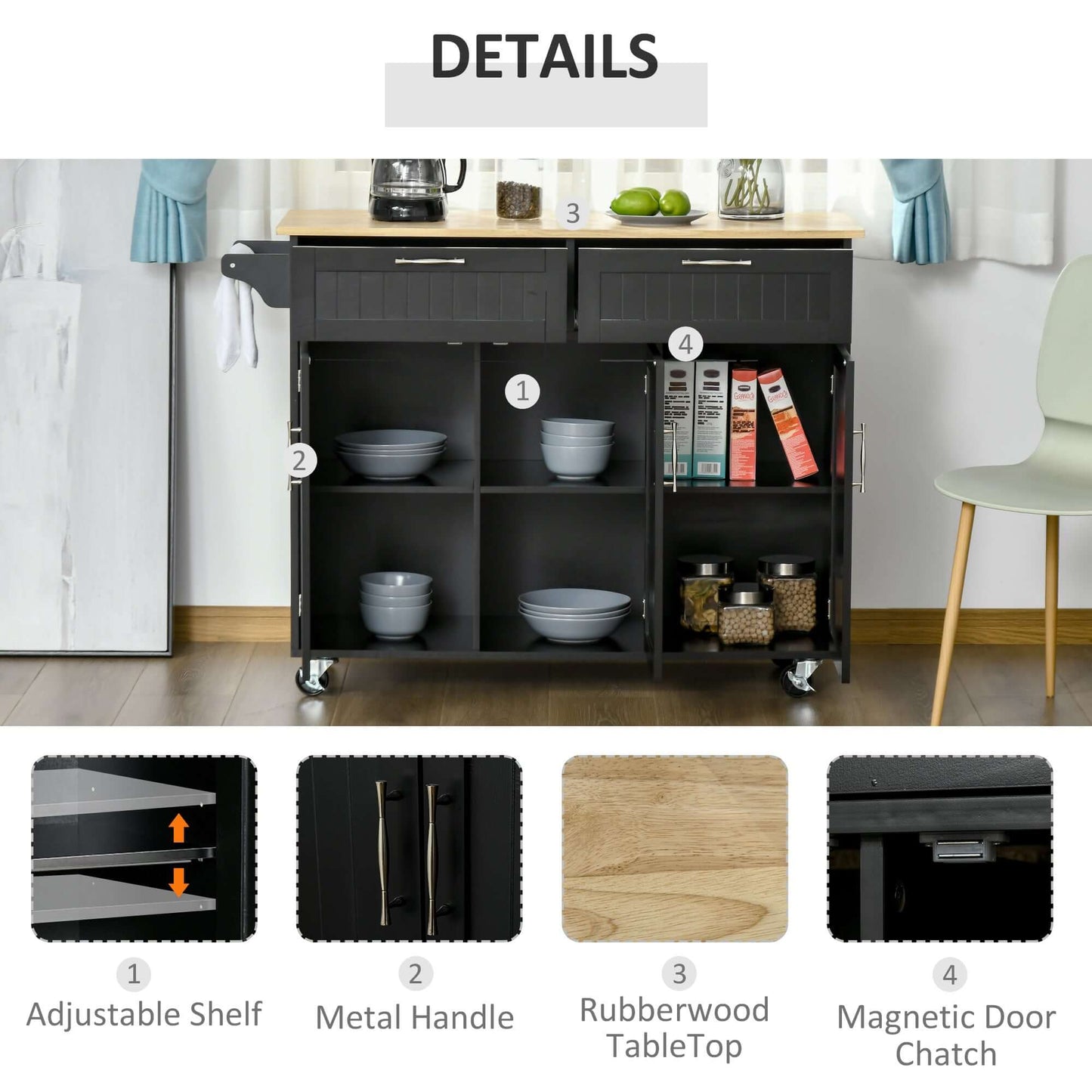 HOMCOM Modern Kitchen Island, Utility Kitchen Serving Cart with 2 Storage Drawers & Cabinets for Dining Room, Black