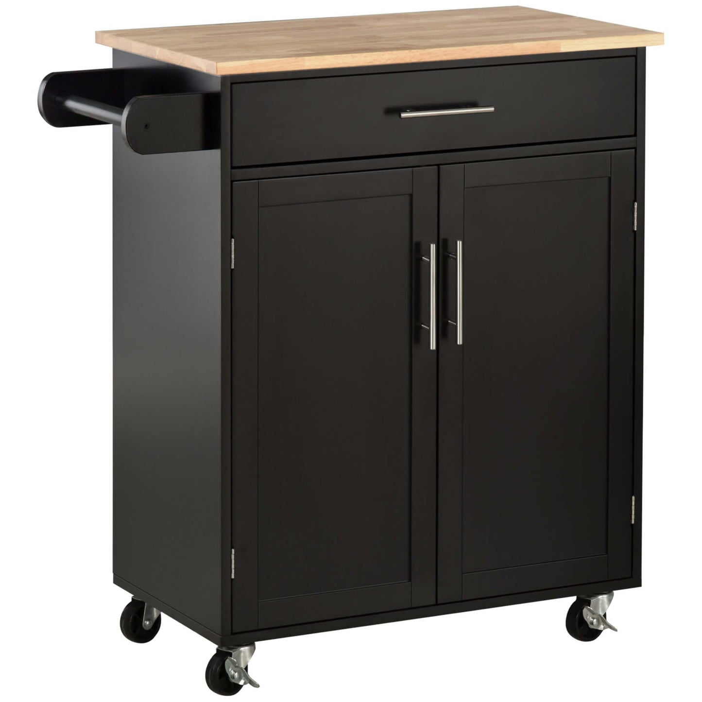HOMCOM Rolling Kitchen Island Cart with Wood Top, Enough Storage Drawer Space with Towel Bar Rack Shelves, Portable Kitchen Utility Serving Cart Trolley on Wheels, Black