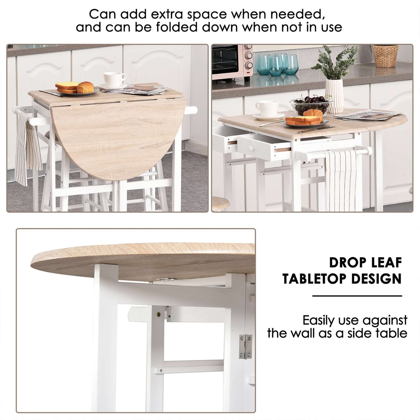HOMCOM Kitchen Trolley 3 Piece Kitchen Cart Set Drop Leaf Breakfast Table and 2 Stools w/ Rolling Wheels & Towel Bars, Wood & White