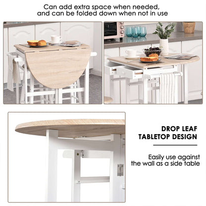 HOMCOM Kitchen Trolley 3 Piece Kitchen Cart Set Drop Leaf Breakfast Table and 2 Stools w/ Rolling Wheels & Towel Bars, Wood & White