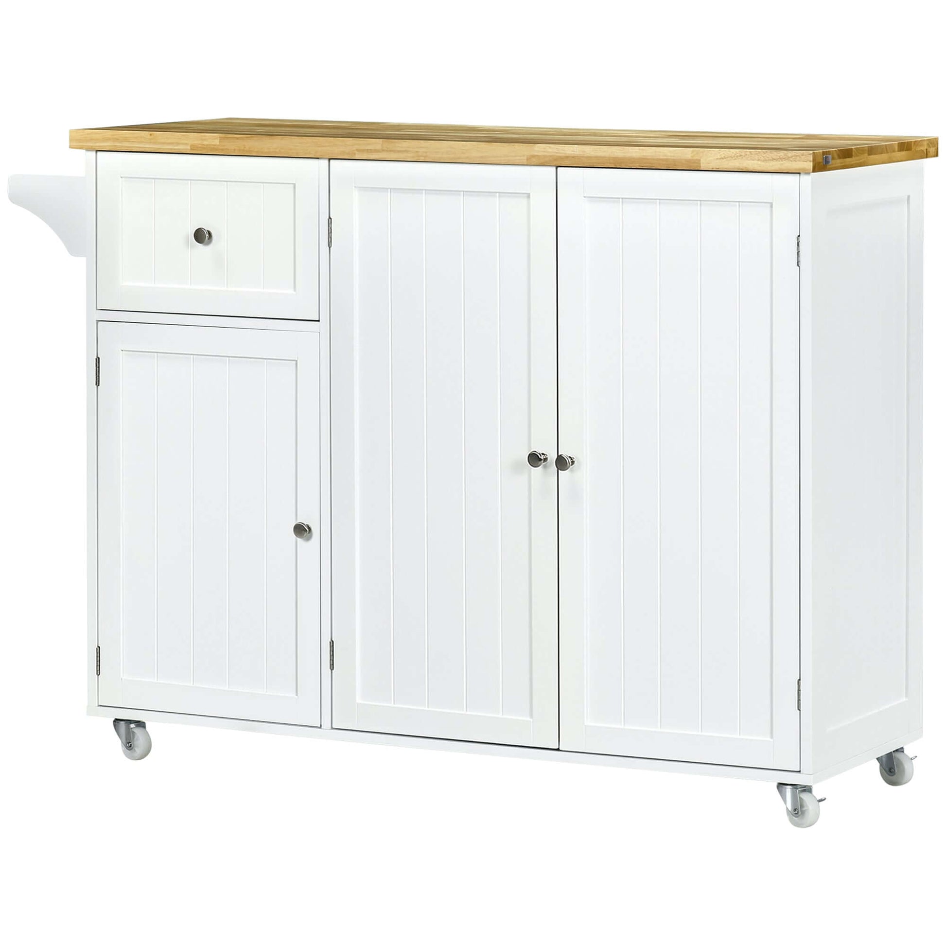 HOMCOM Rolling Kitchen Island with Storage, Utility Kitchen Island Cart with Drawer, Cabinets, Towel Rack and Rubber Wood Top