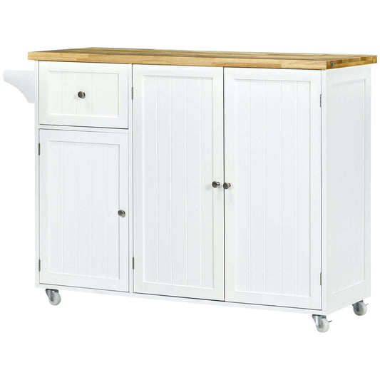 HOMCOM Rolling Kitchen Island with Storage, Utility Kitchen Island Cart with Drawer, Cabinets, Towel Rack and Rubber Wood Top