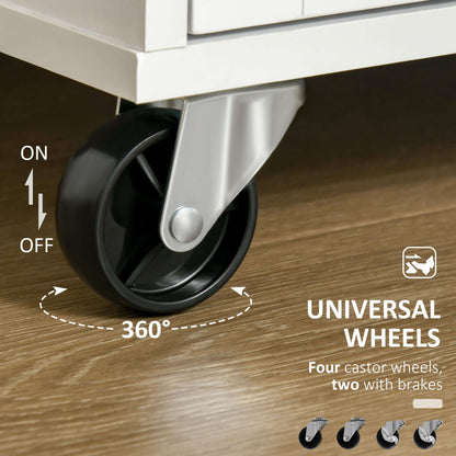 HOMCOM Rolling Kitchen Island with Storage Drawers, Kitchen Cart with Rubber Wood Top, Cabinet & Towel Rack, White