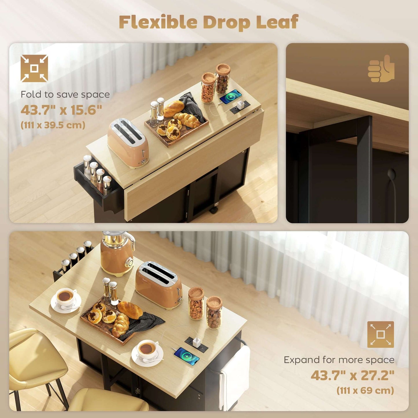 HOMCOM Kitchen Island with Storage, Rolling Kitchen Cart with Charging Station, Drop Leaf, Spice Rack, Towel Rack, Drawers