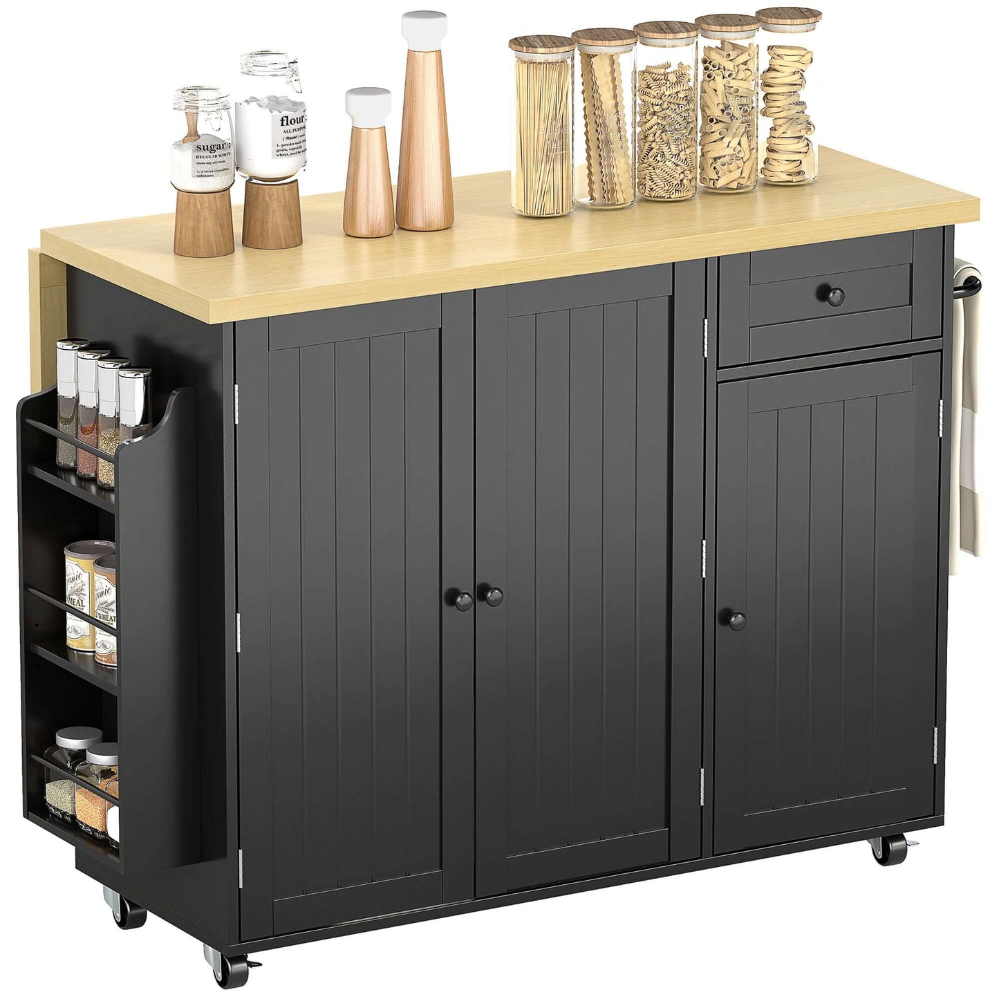 HOMCOM Kitchen Island Cart, Rolling Kitchen Island Table with Drop Leaf, Drawer, Spice and Towel Rack, Black
