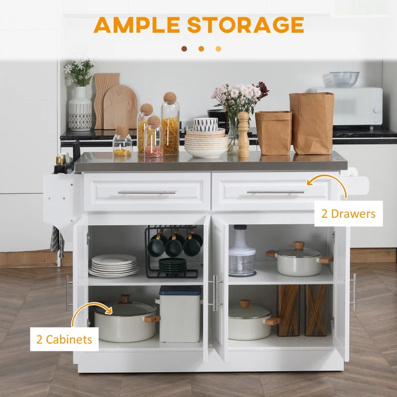 HOMCOM Rolling Kitchen Island with Storage, Portable Kitchen Cart with Stainless Steel Top, 2 Drawers, Spice, Knife and Towel Rack  | Aosom Canada