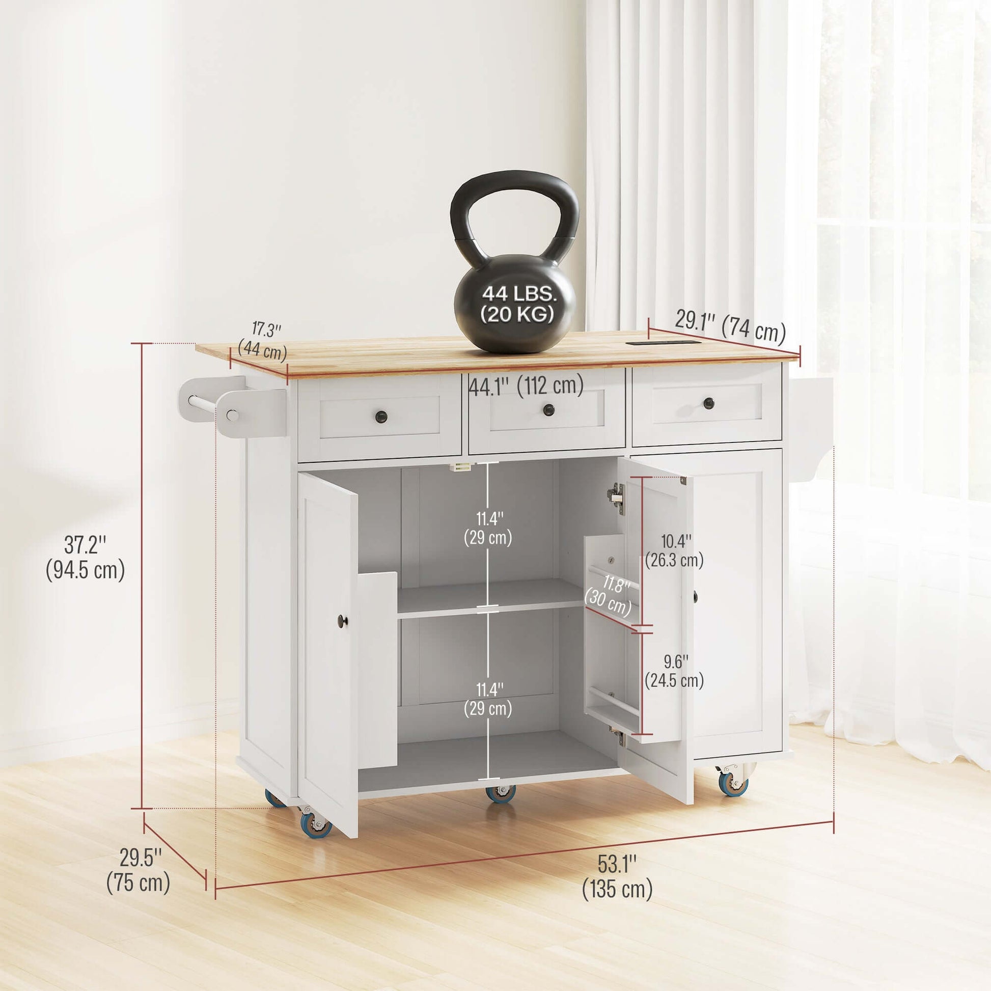 HOMCOM Kitchen Island on Wheels with Drop Leaf, Charging Station, Rolling Kitchen Cart with Wood Top, Adjustable Shelf, White