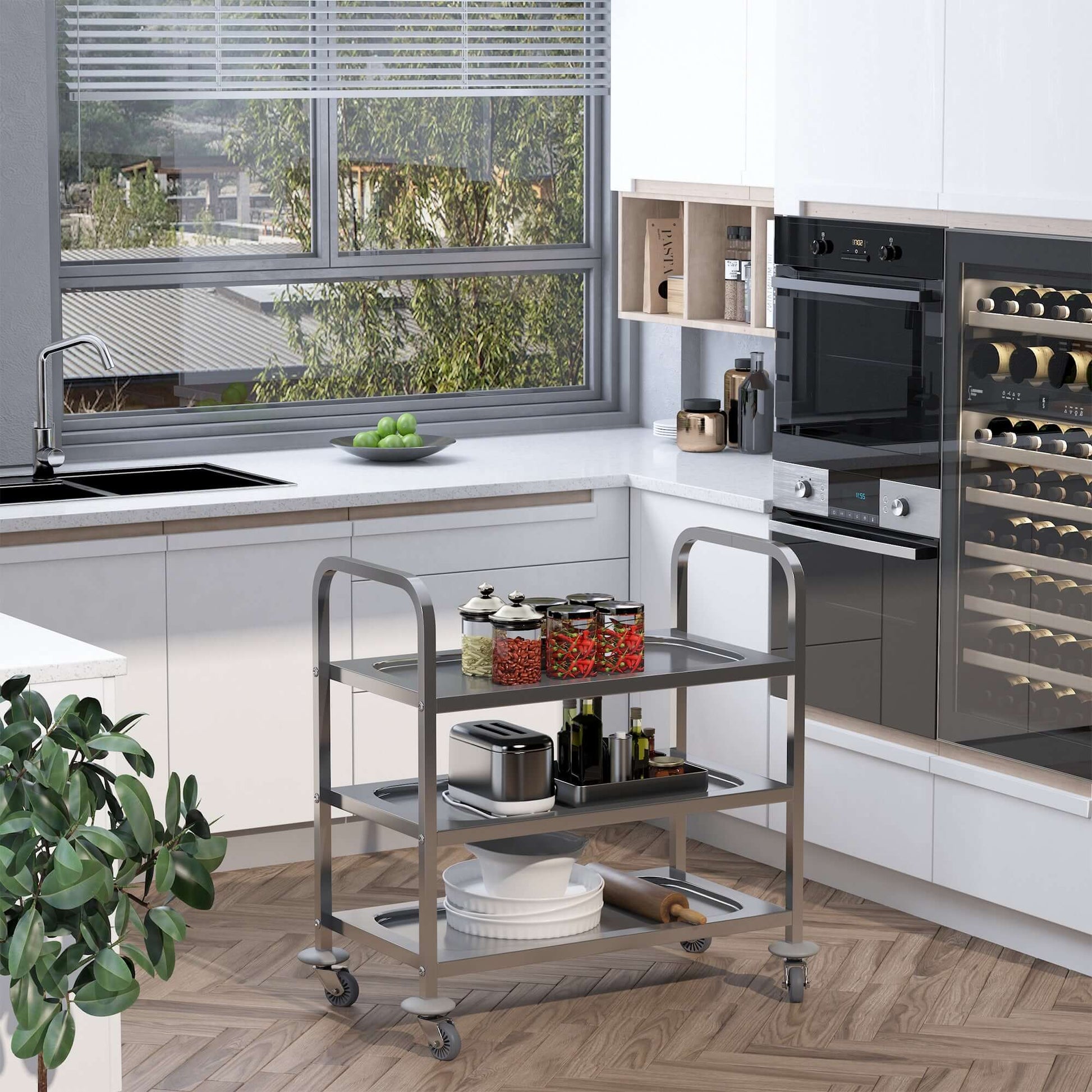 HOMCOM 35.6" 3-Tier Kitchen Trolley Medical Treatment Laboratory Equipment Carts, Stainless Steel Rolling Kitchen Island, Wheeled Storage Utility Serving Cart, 330LBS Heavy Gauge