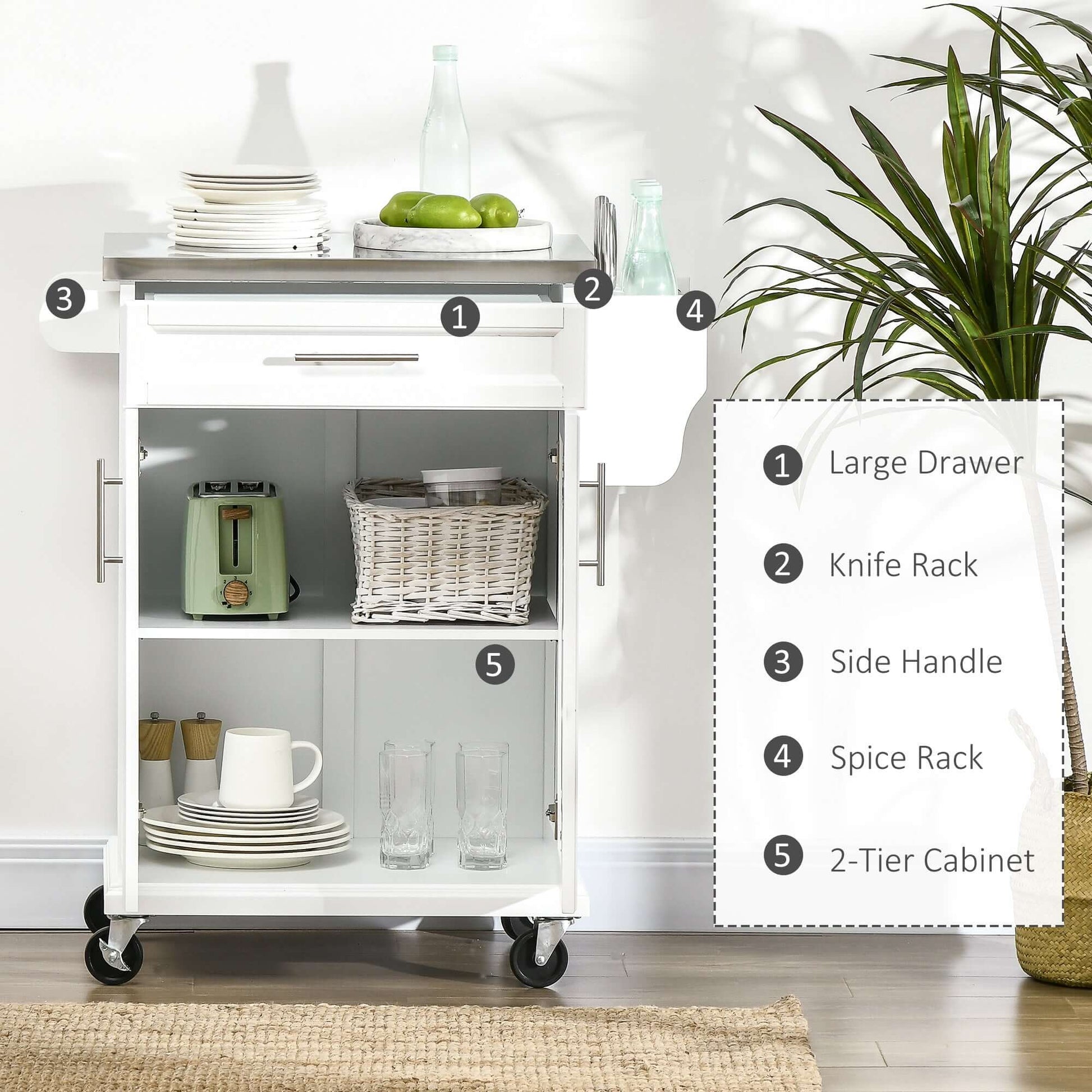 HOMCOM Kitchen Island with Stainless Steel Top, Rolling Kitchen Cart on Wheels with Storage Drawer, Cabinet, Towel Rack and Spice Rack (White)