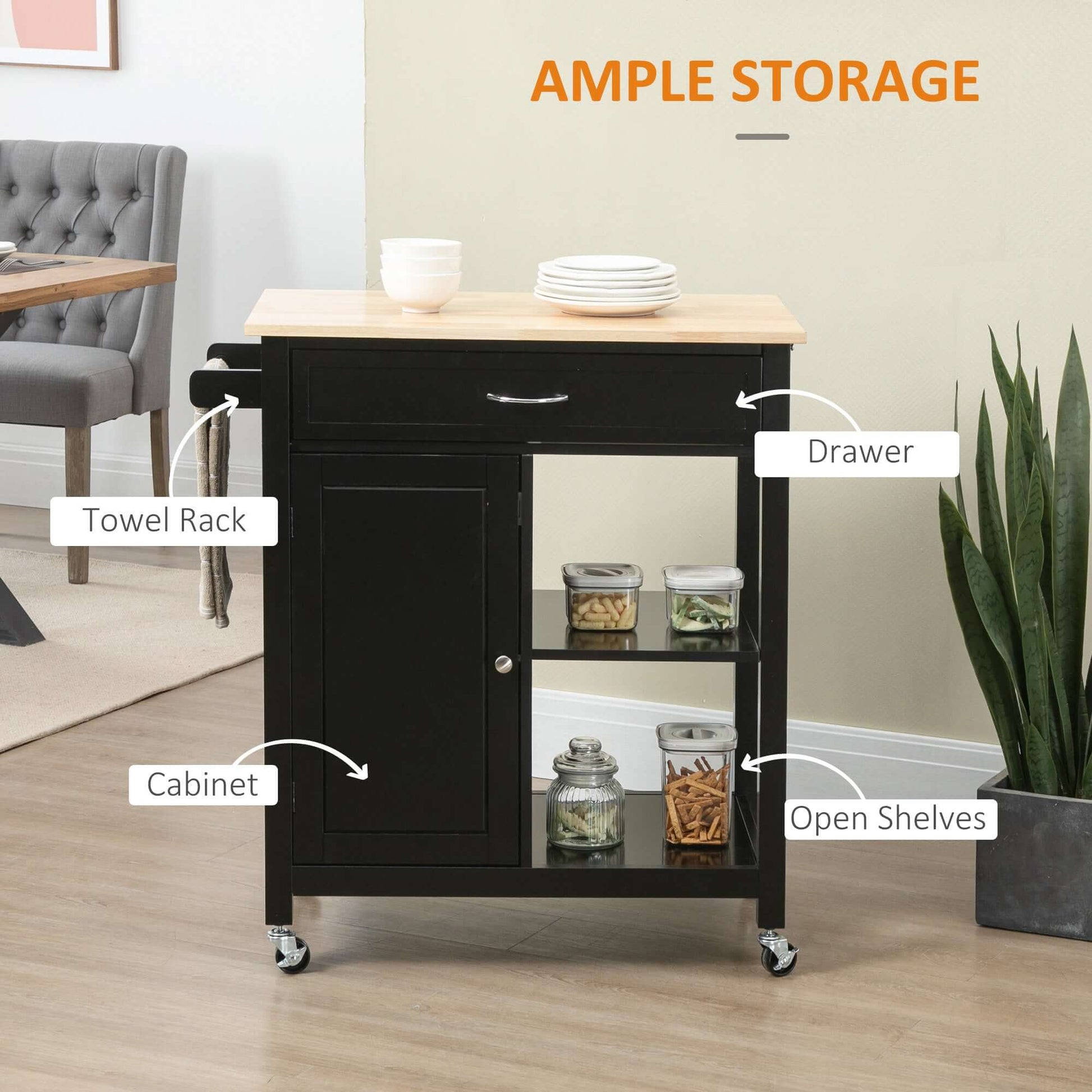 HOMCOM Rolling Kitchen Cart with Wood Top and Drawer, Kitchen Island on Wheels for Dining Room, Black | Aosom Canada
