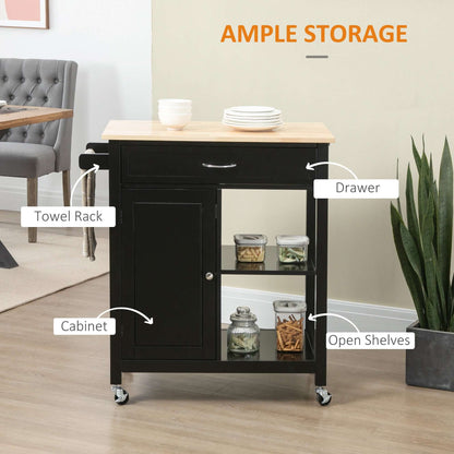 HOMCOM Rolling Kitchen Cart with Wood Top and Drawer, Kitchen Island on Wheels for Dining Room, Black | Aosom Canada