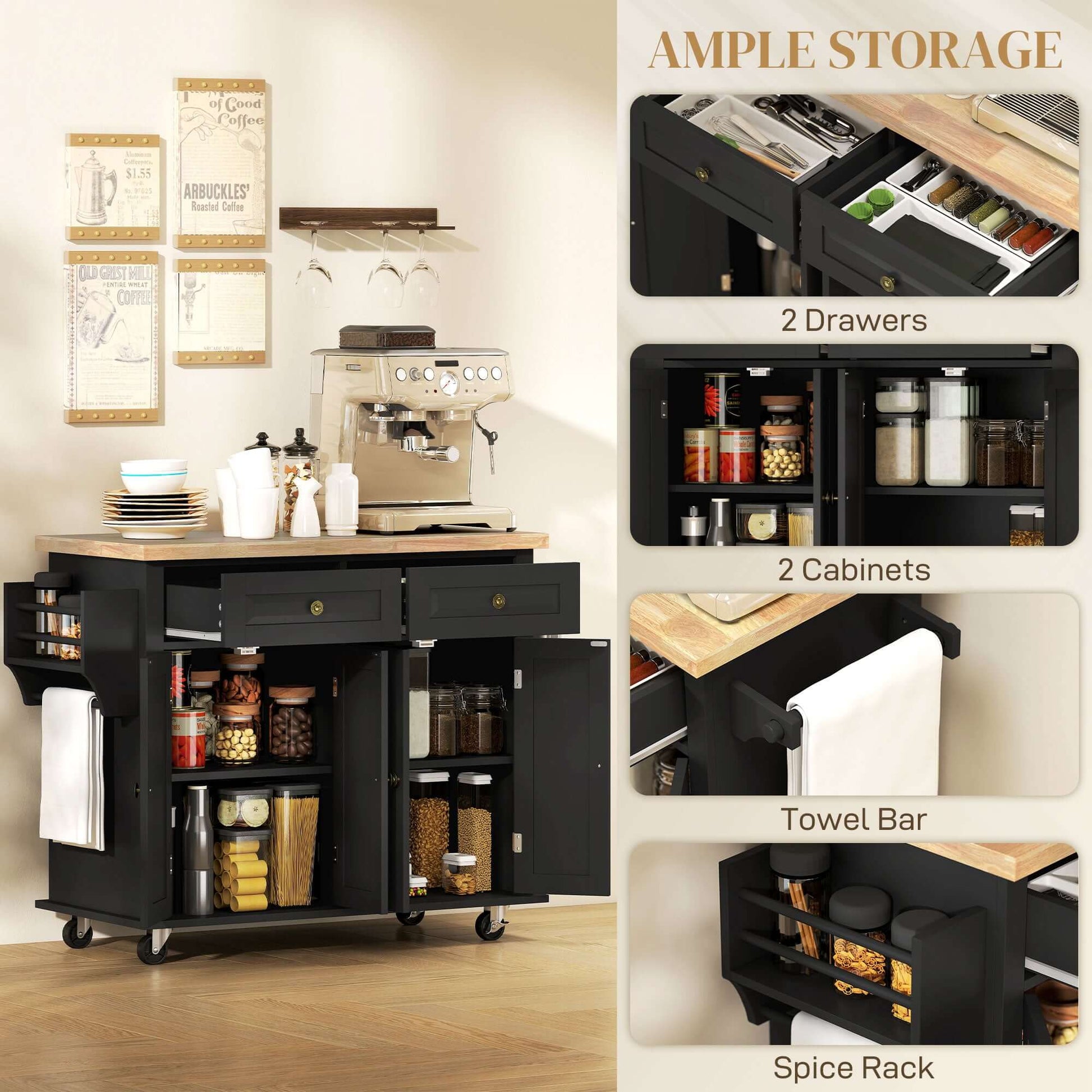 HOMCOM Rolling Kitchen Island with Rubber Wood Top and Storage, Spice Rack, Towel Rack, Black