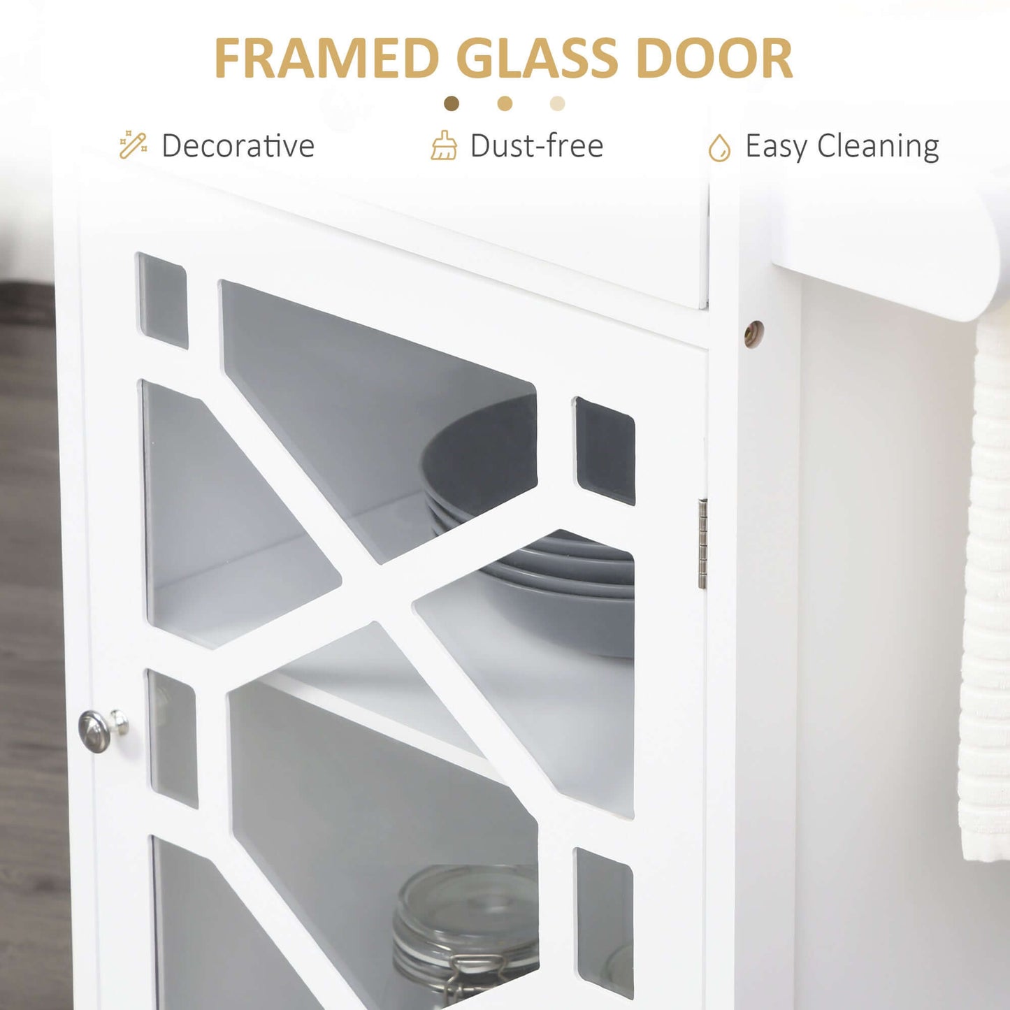 HOMCOM Kitchen Cart on Wheels, Rolling Kitchen Island with Drawer, Glass Door, Towel Rack and Adjustable Shelf, White