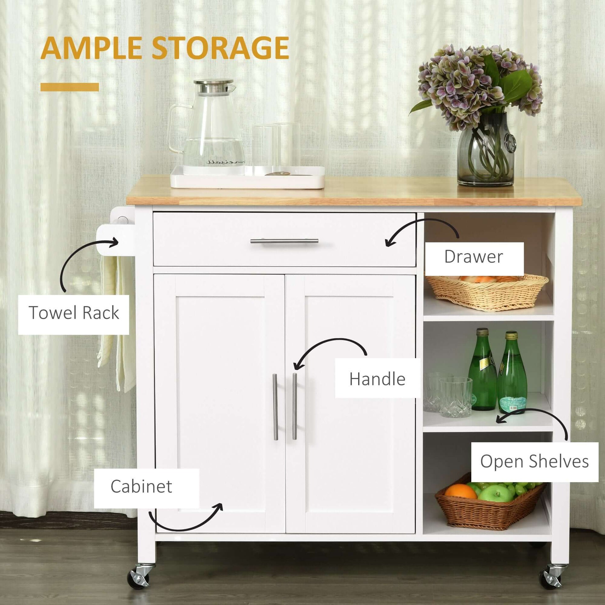 HOMCOM Wooden Rolling Kitchen Island on 360° Swivel Wheels Dining Cart with Drawer, Towel Rack for Kitchen, White