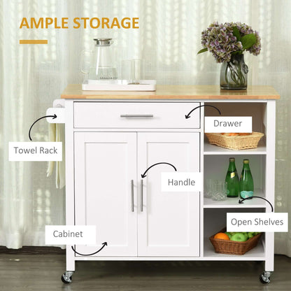 HOMCOM Wooden Rolling Kitchen Island on 360° Swivel Wheels Dining Cart with Drawer, Towel Rack for Kitchen, White