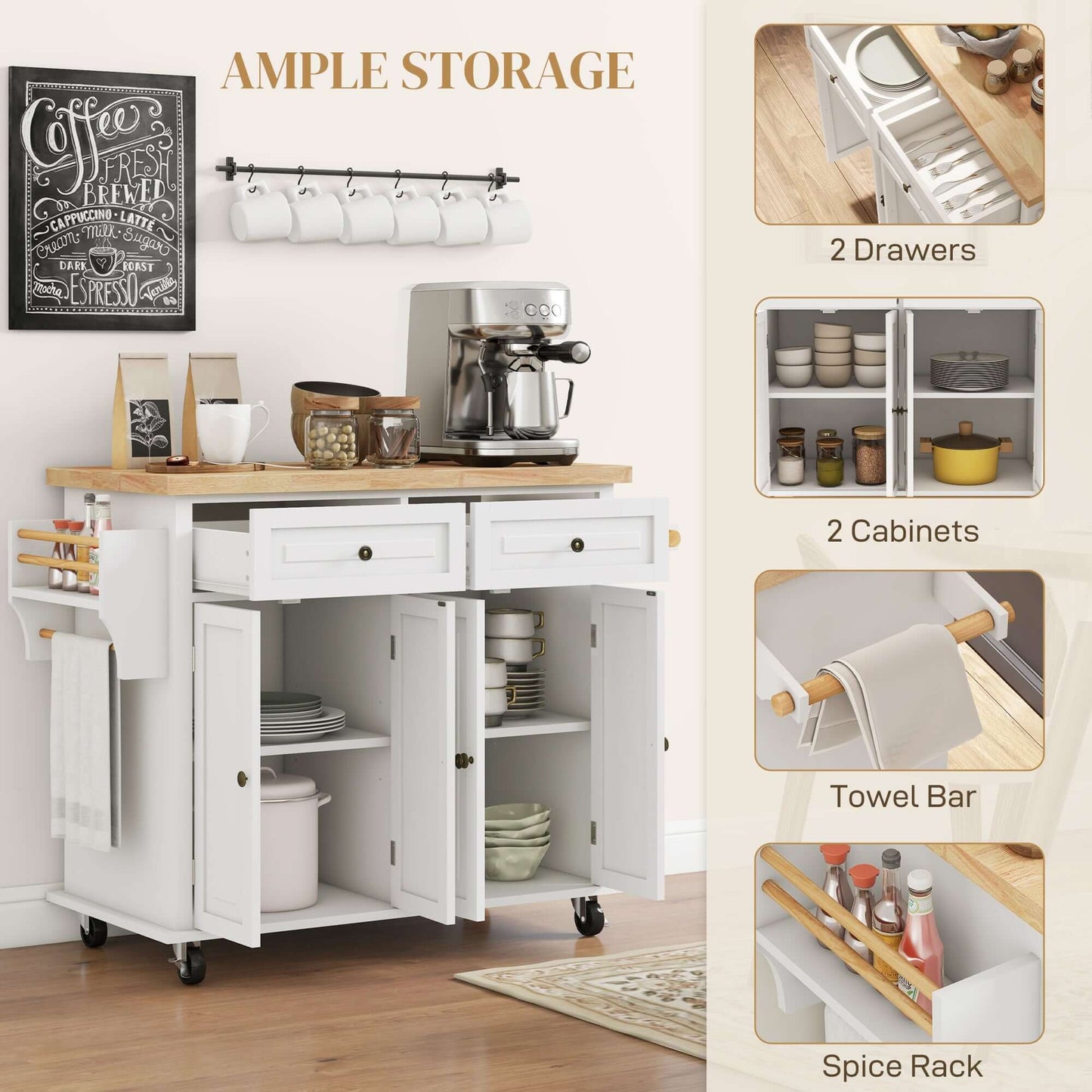 HOMCOM Kitchen Island with Storage, Rolling Trolley Cart with Rubber Wood Top, Spice Rack, Towel Rack, Cream White