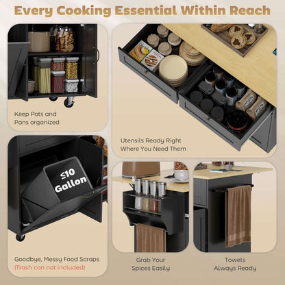 HOMCOM Kitchen Island Cart with Charging Station and Drop Leaf, Kitchen Island Table on Wheels with Trash Can Cabinet, Black